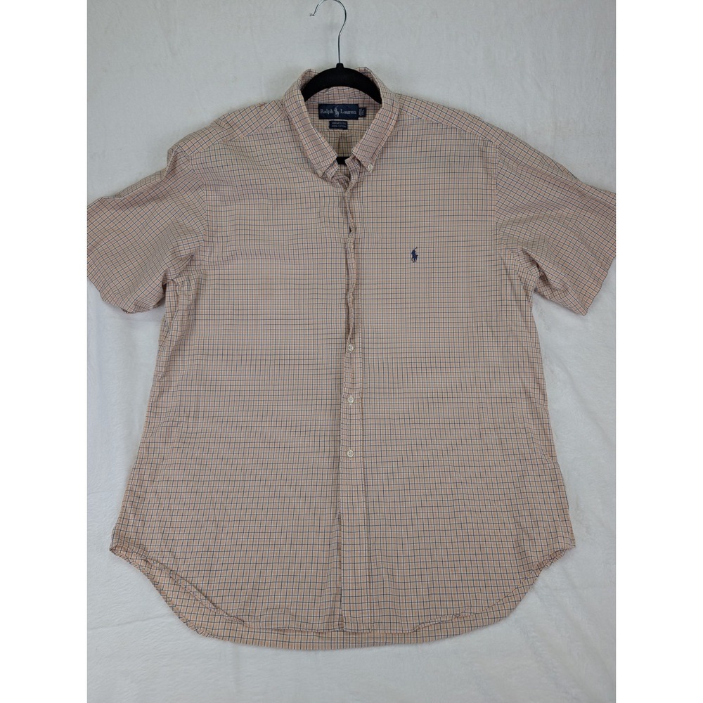 Ralph Lauren Plaid Yarmouth Short Sleeve Button Down Shirt Size 17.5 Orange Blue